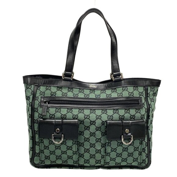 Auth GUCCI GG 272391 Green Black Jacquard Leather Tote Bag - Picture 1 of 16